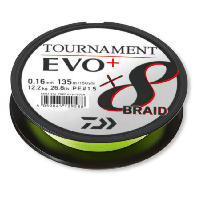Fir textil Daiwa Tournament X8 BRAID EVO+, chartreuse, 135m (Diametru fir: 0.08 mm)
